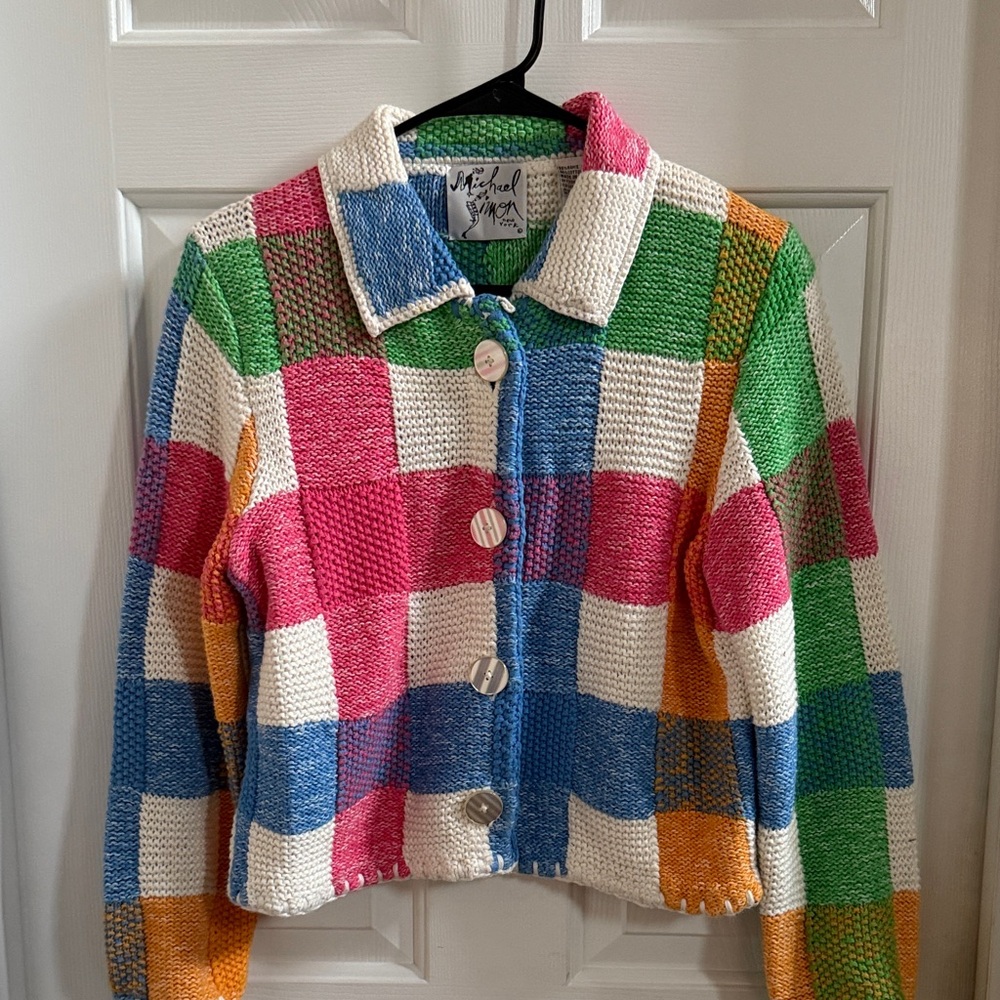 Michael Simon Multicolor Plaid Knit Cardigan - image 3